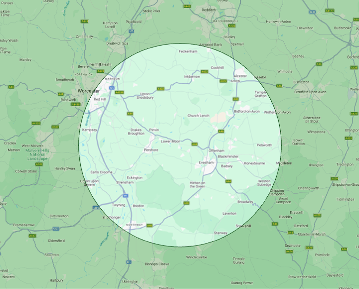 Map showing an approximate 10-mile service area from Fladbury